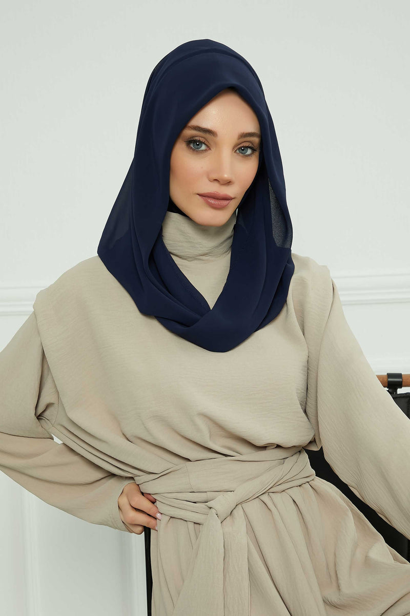 Instant Chiffon Shawl for Women With Cotton Bonnet Chiffon Turban Cap Head Wrap Instant Turban Scarf,PS-45 Navy Blue