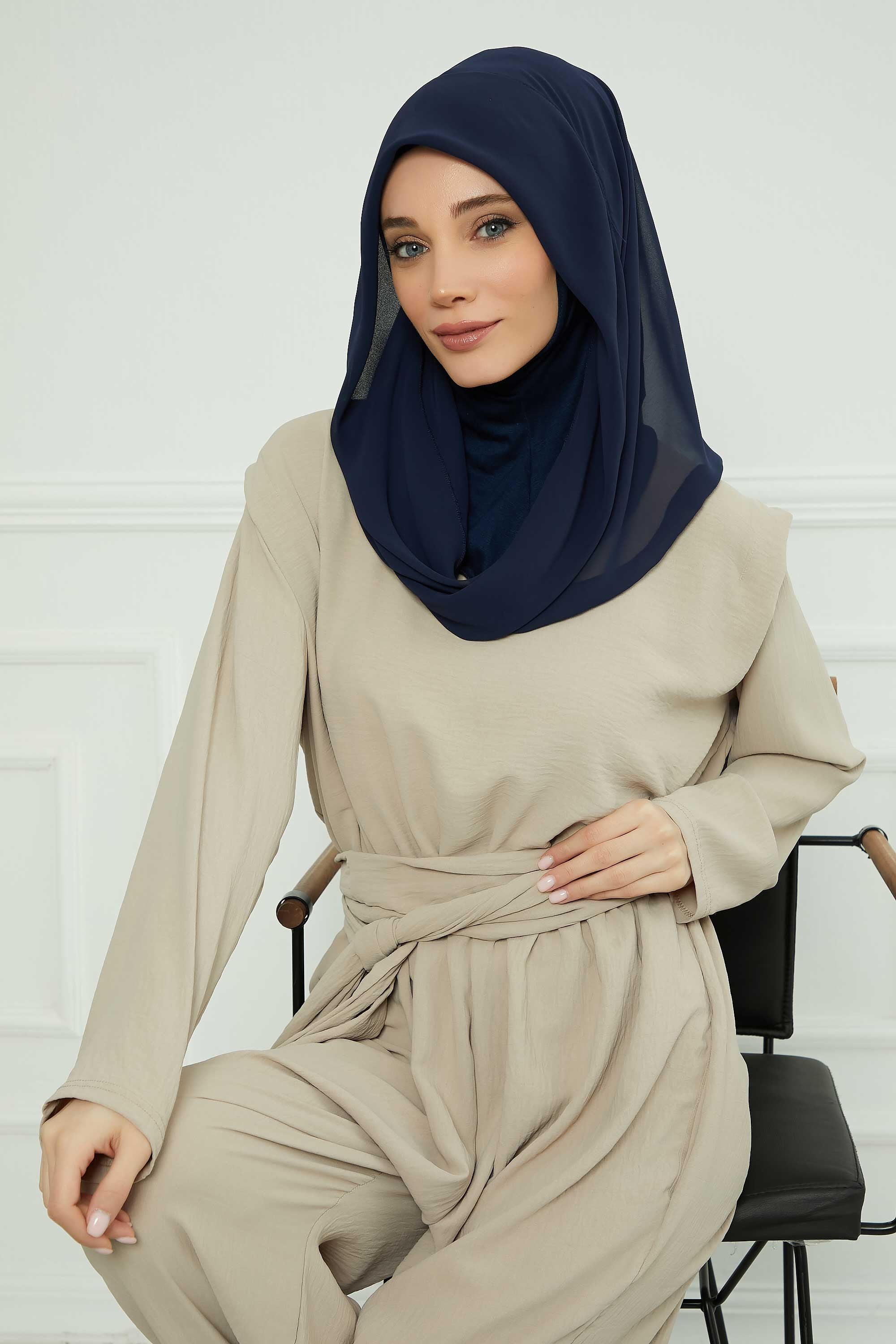 Instant Chiffon Shawl for Women With Cotton Bonnet Chiffon Turban Cap Head Wrap Instant Turban Scarf,PS-45 Navy Blue