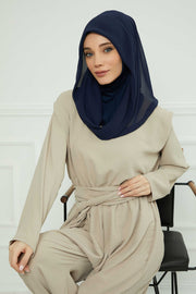 Instant Chiffon Shawl for Women With Cotton Bonnet Chiffon Turban Cap Head Wrap Instant Turban Scarf,PS-45 Navy Blue