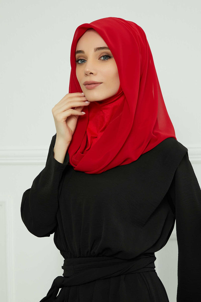 Instant Chiffon Shawl for Women With Cotton Bonnet Chiffon Turban Cap Head Wrap Instant Turban Scarf,PS-45 Red