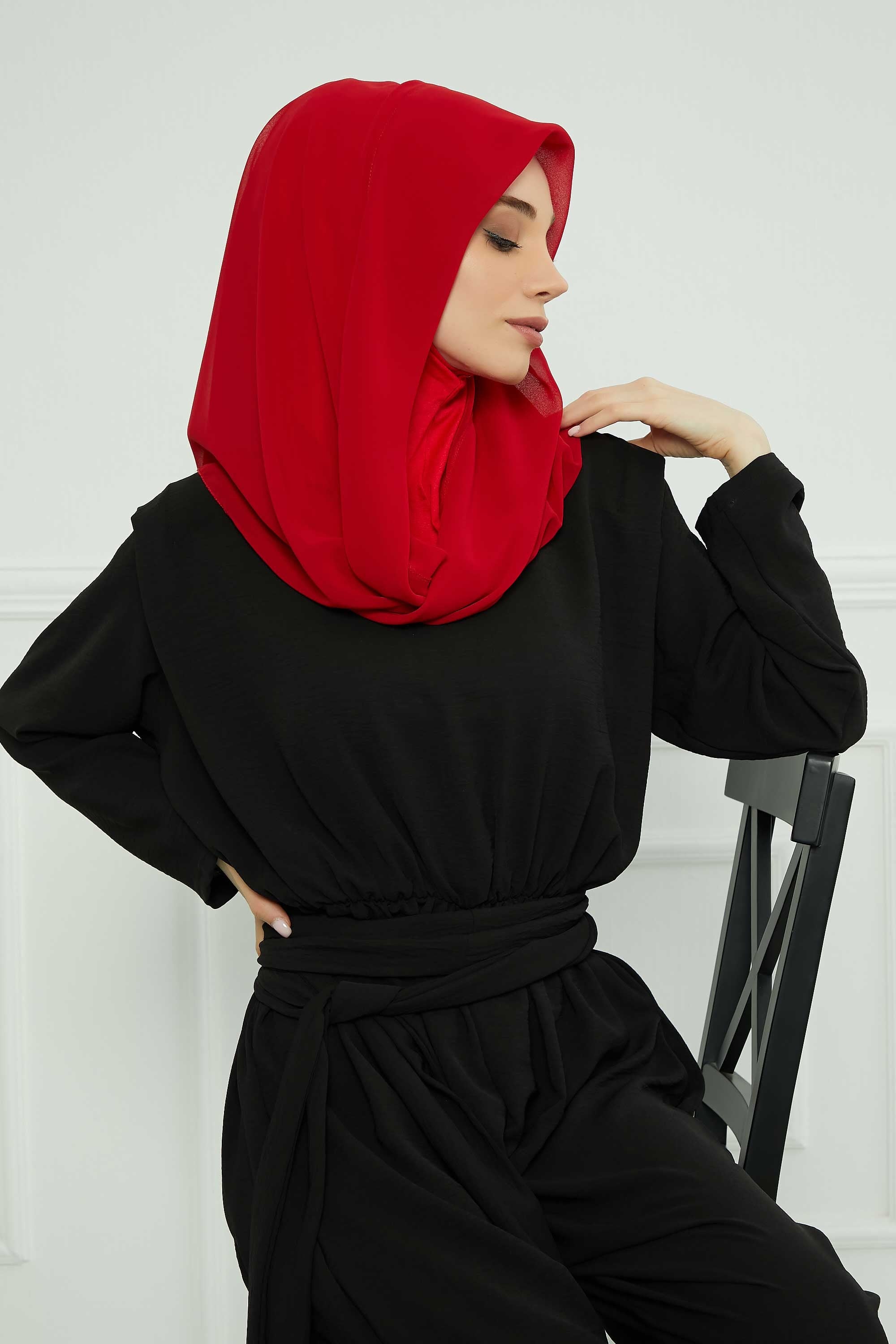Instant Chiffon Shawl for Women With Cotton Bonnet Chiffon Turban Cap Head Wrap Instant Turban Scarf,PS-45 Red