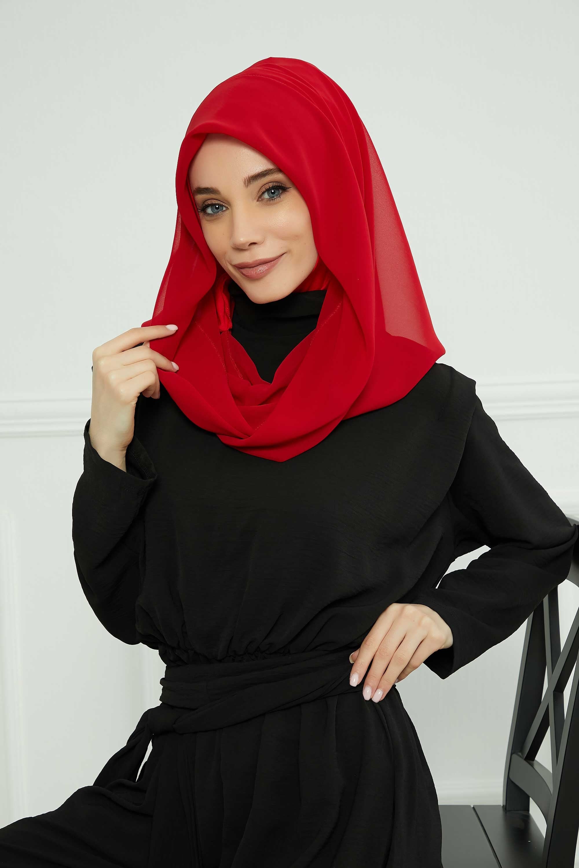 Instant Chiffon Shawl for Women With Cotton Bonnet Chiffon Turban Cap Head Wrap Instant Turban Scarf,PS-45 Red
