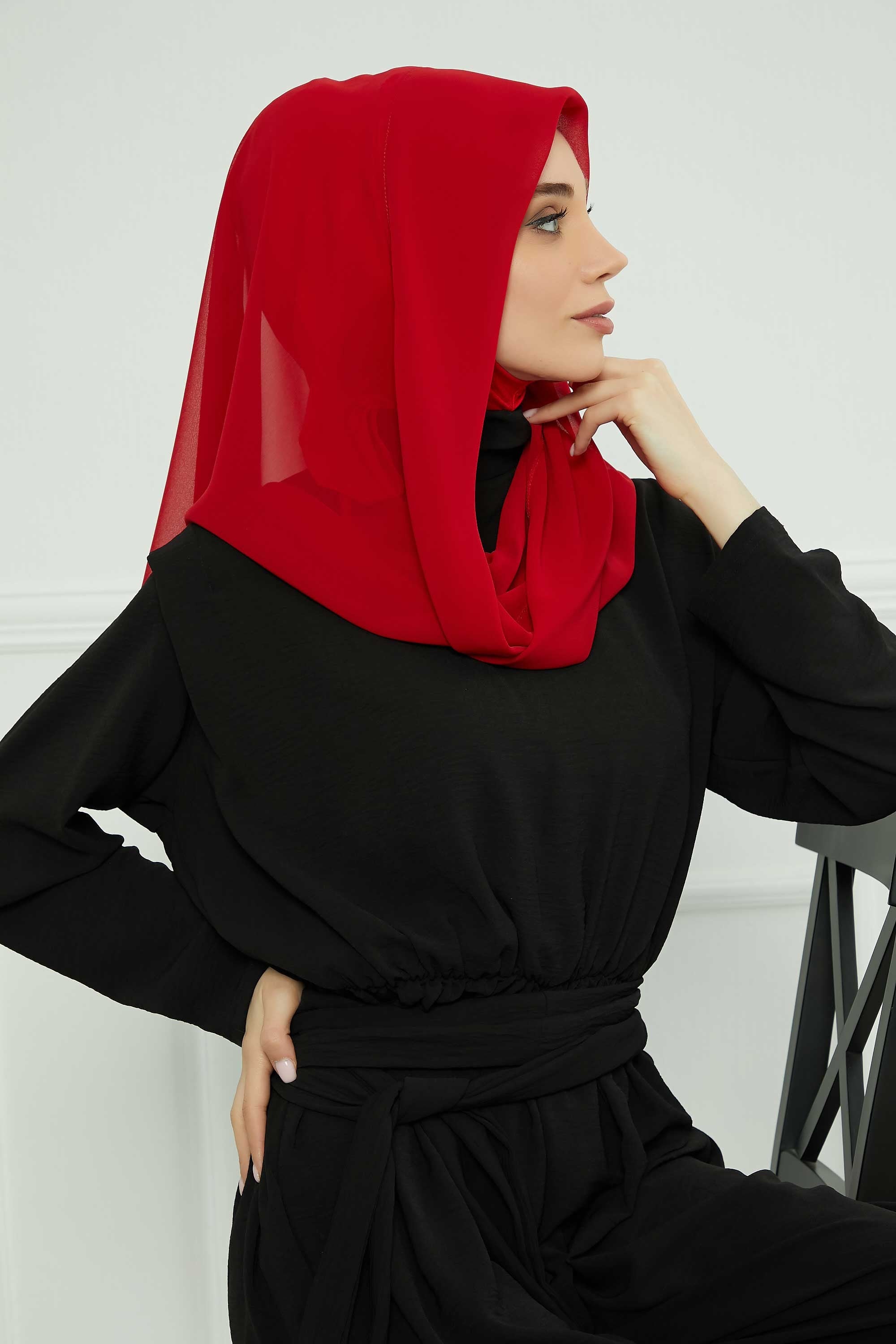 Instant Chiffon Shawl for Women With Cotton Bonnet Chiffon Turban Cap Head Wrap Instant Turban Scarf,PS-45 Red
