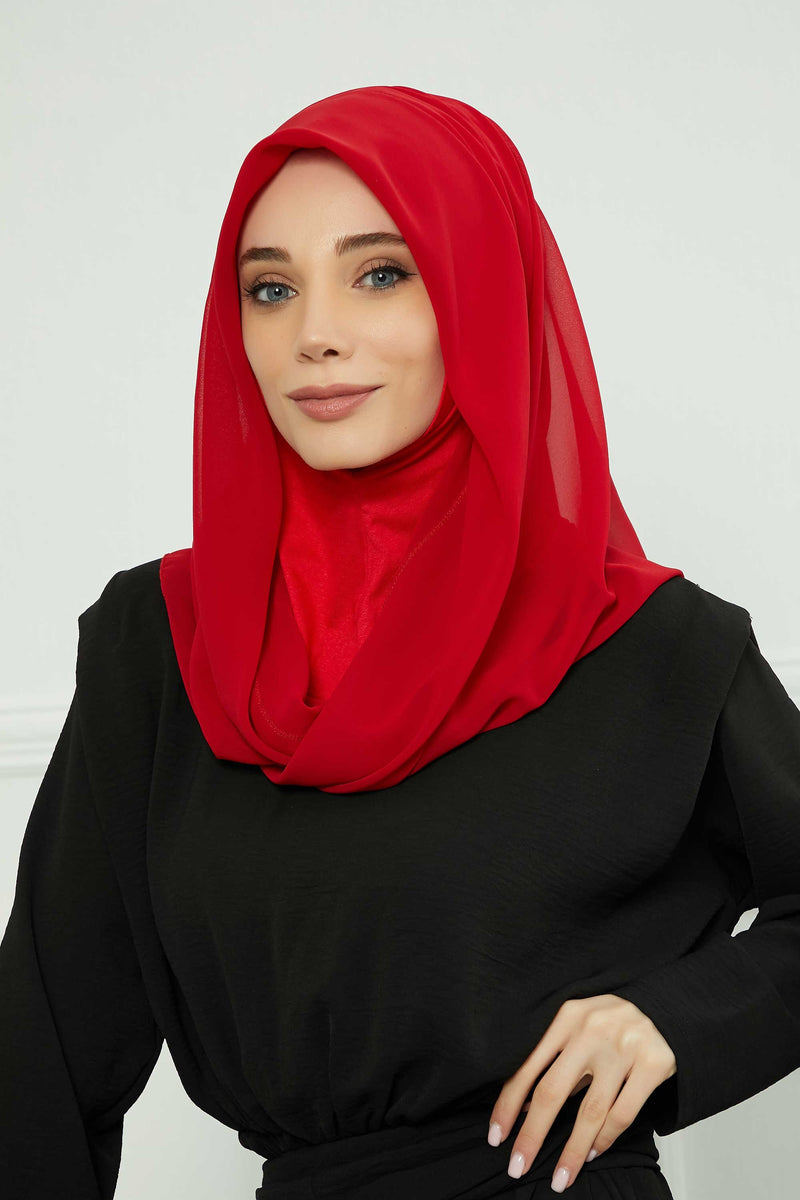 Instant Chiffon Shawl for Women With Cotton Bonnet Chiffon Turban Cap Head Wrap Instant Turban Scarf,PS-45 Red