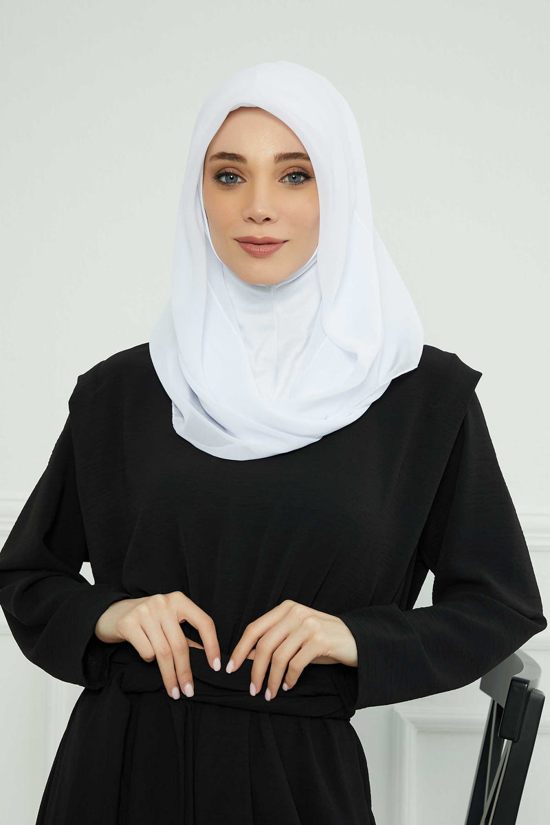 Instant Chiffon Shawl for Women With Cotton Bonnet Chiffon Turban Cap Head Wrap Instant Turban Scarf,PS-45 White