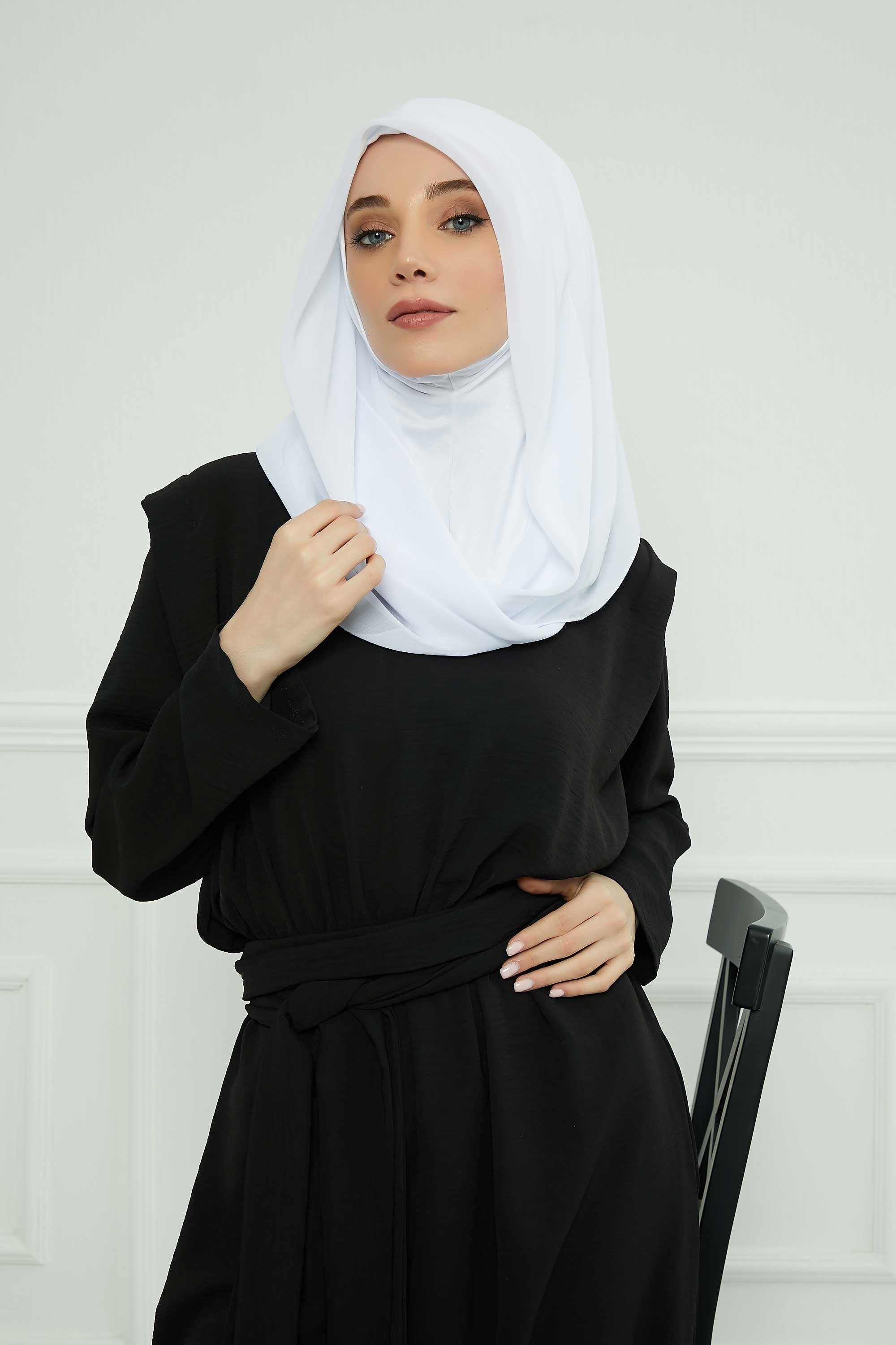 Instant Chiffon Shawl for Women With Cotton Bonnet Chiffon Turban Cap Head Wrap Instant Turban Scarf,PS-45 White