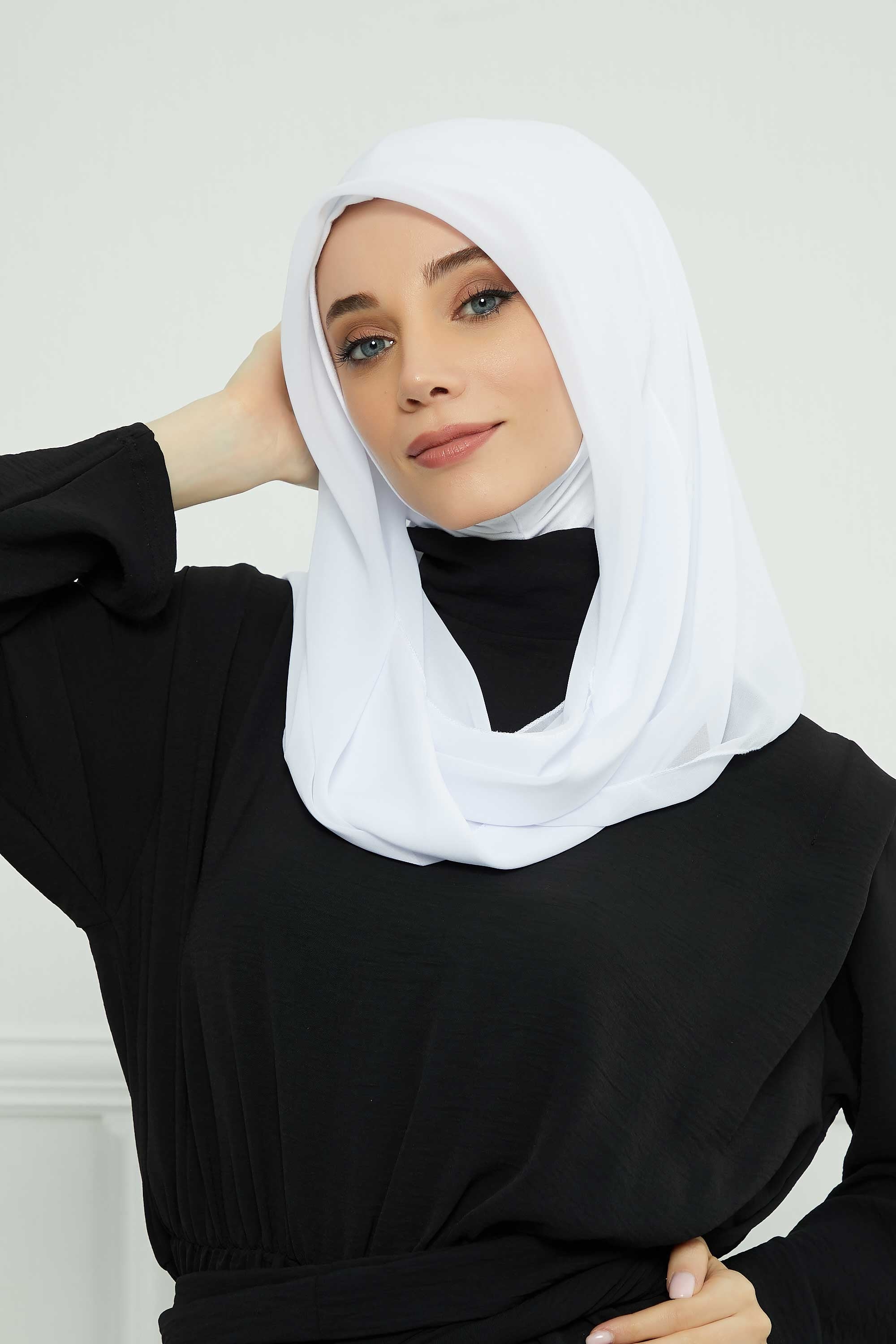 Instant Chiffon Shawl for Women With Cotton Bonnet Chiffon Turban Cap Head Wrap Instant Turban Scarf,PS-45 White