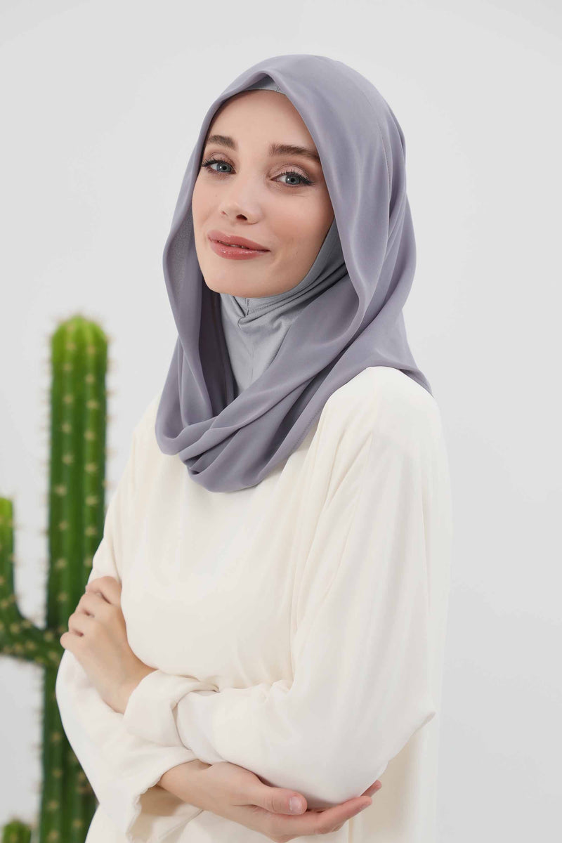 Instant Chiffon Shawl for Women With Cotton Bonnet Chiffon Turban Cap Head Wrap Instant Turban Scarf,PS-45 Grey