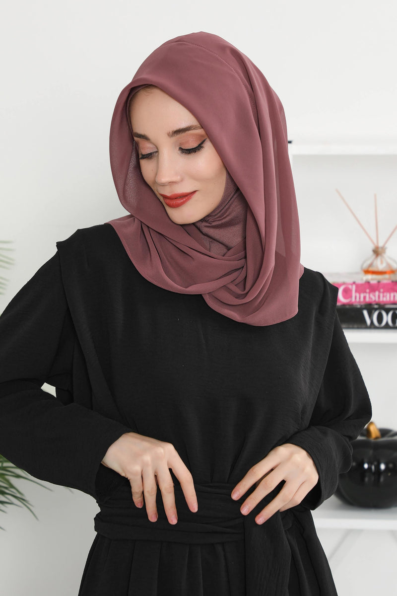 Instant Chiffon Shawl for Women With Cotton Bonnet Chiffon Turban Cap Head Wrap Instant Turban Scarf,PS-45 Dusty Rose