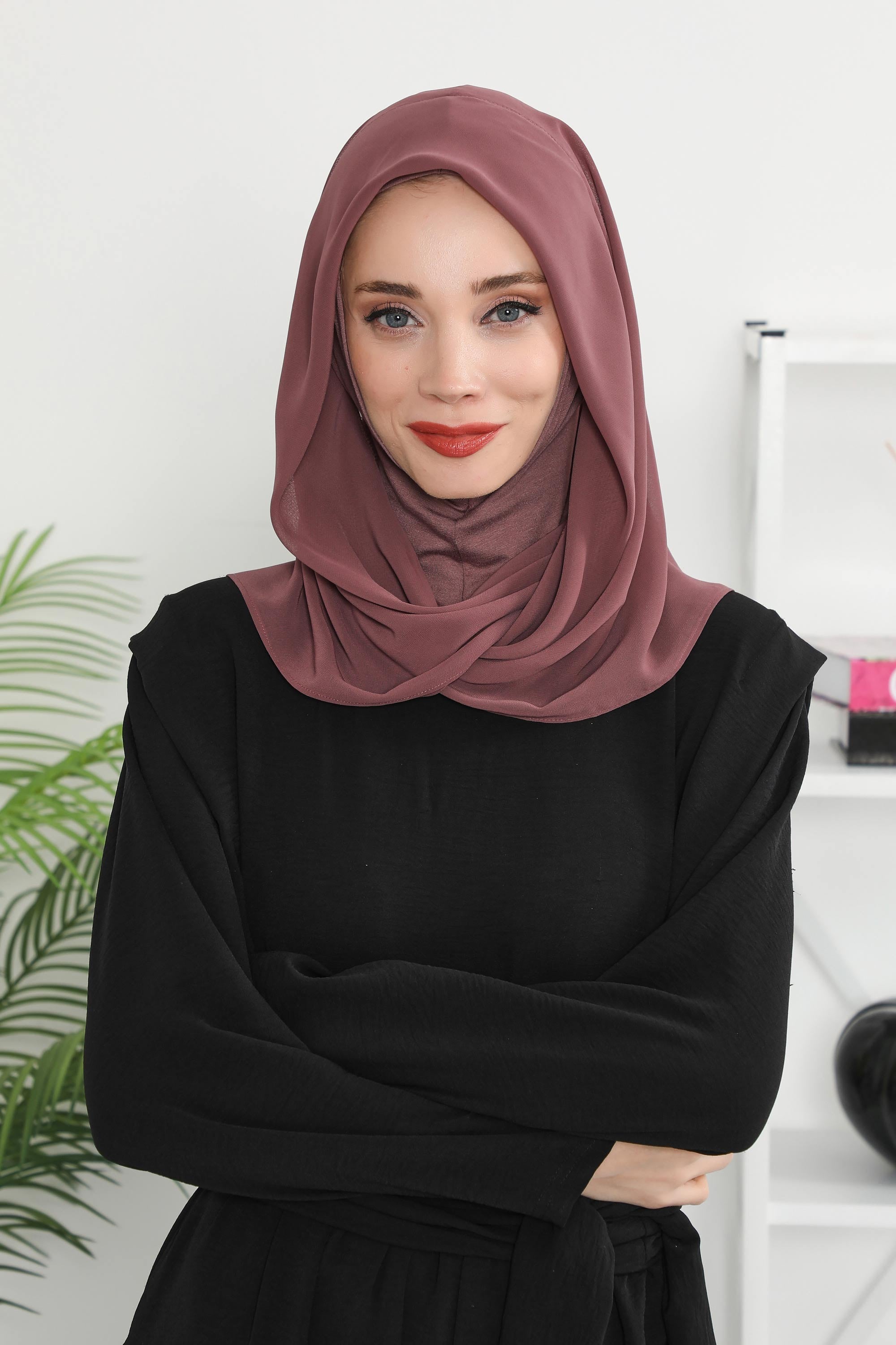 Instant Chiffon Shawl for Women With Cotton Bonnet Chiffon Turban Cap Head Wrap Instant Turban Scarf,PS-45 Dusty Rose