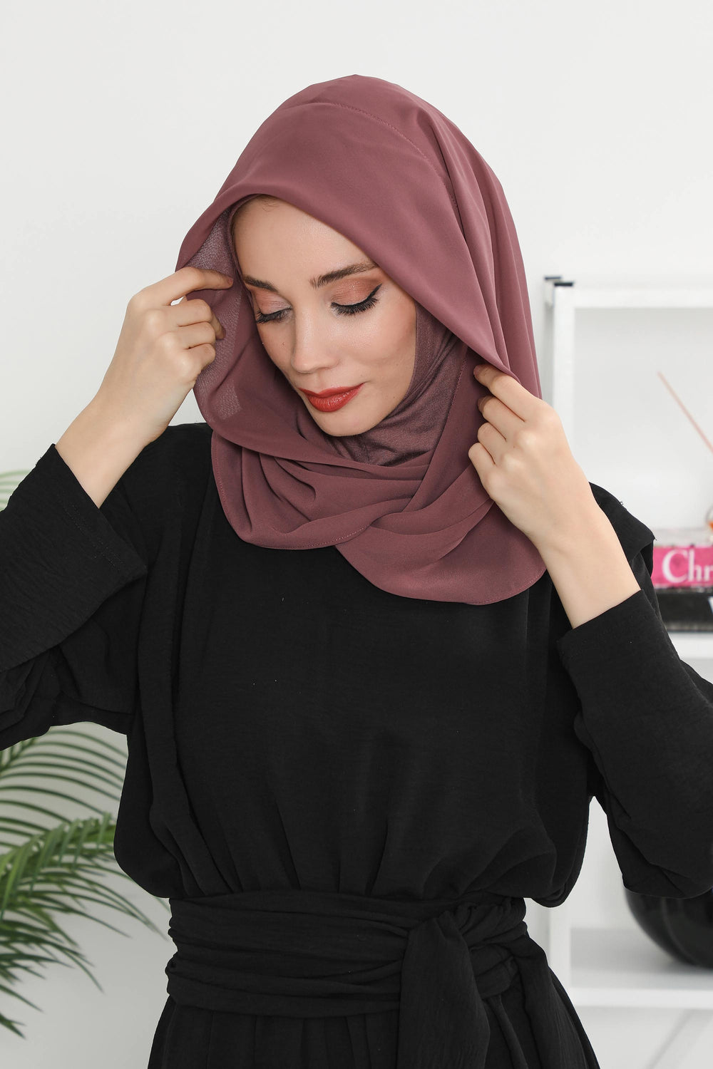 Instant Chiffon Shawl for Women With Cotton Bonnet Chiffon Turban Cap Head Wrap Instant Turban Scarf,PS-45 Dusty Rose