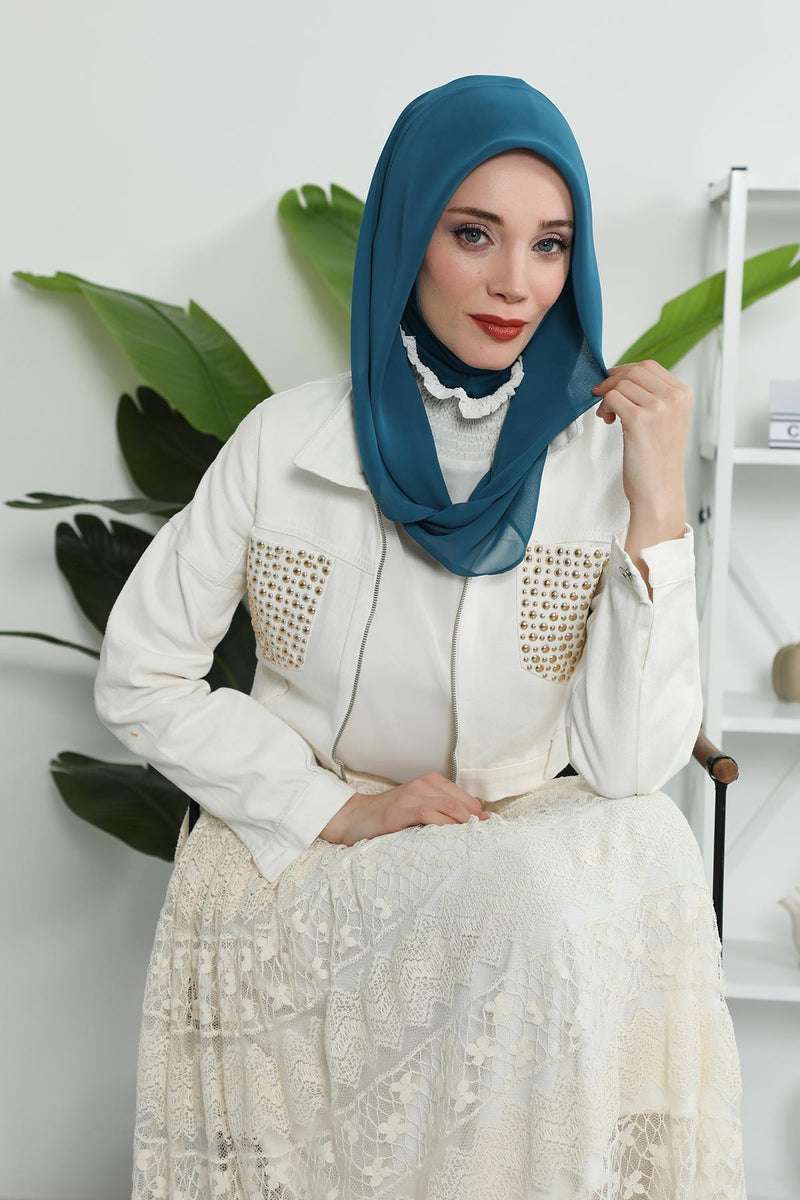 Instant Chiffon Shawl for Women With Cotton Bonnet Chiffon Turban Cap Head Wrap Instant Turban Scarf,PS-45 Petrol Blue
