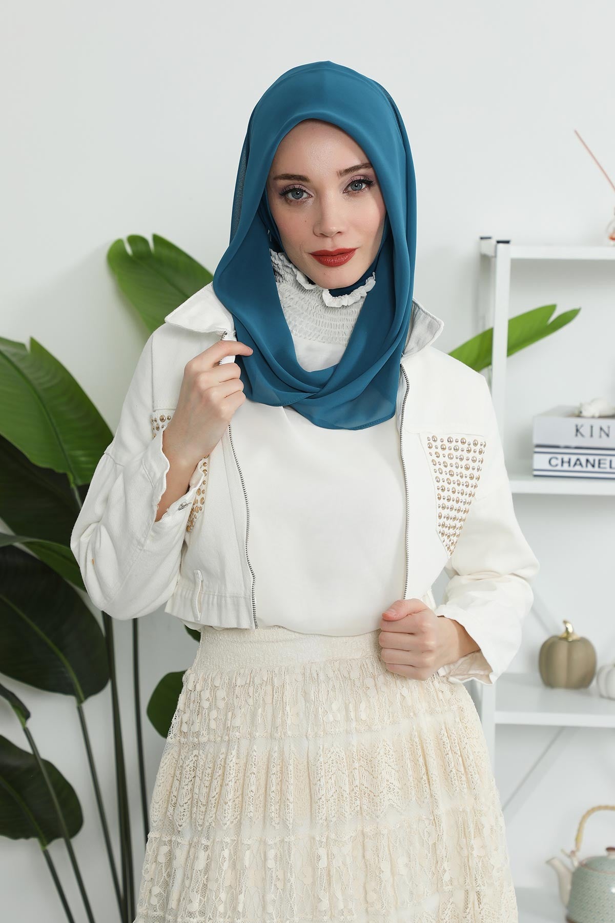 Instant Chiffon Shawl for Women With Cotton Bonnet Chiffon Turban Cap Head Wrap Instant Turban Scarf,PS-45 Petrol Blue