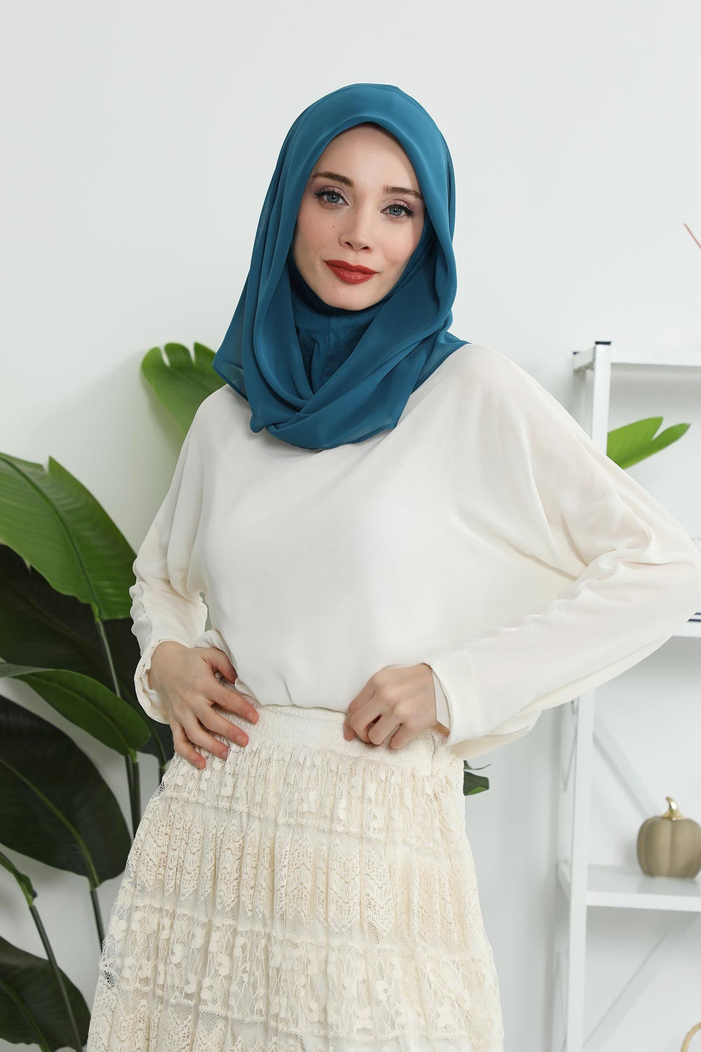 Instant Chiffon Shawl for Women With Cotton Bonnet Chiffon Turban Cap Head Wrap Instant Turban Scarf,PS-45 Petrol Blue