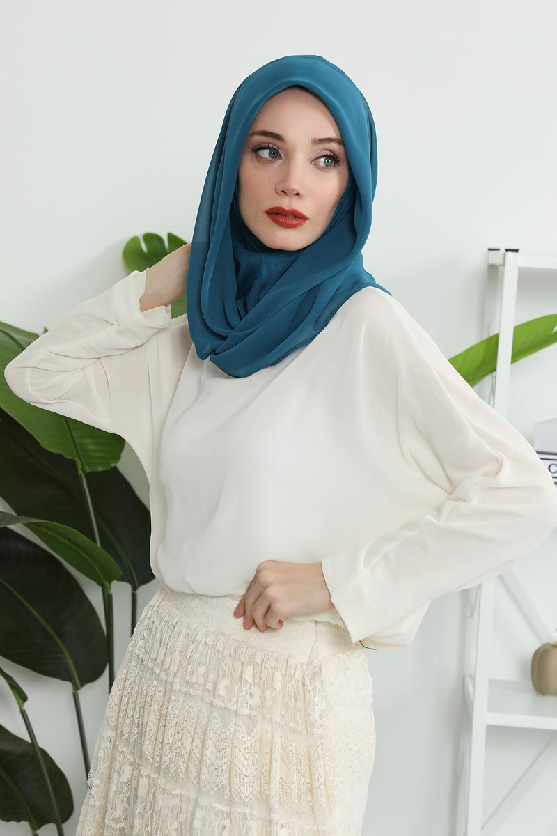 Instant Chiffon Shawl for Women With Cotton Bonnet Chiffon Turban Cap Head Wrap Instant Turban Scarf,PS-45 Petrol Blue