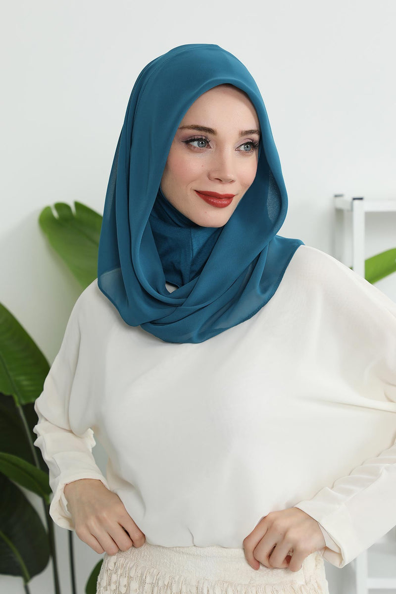 Instant Chiffon Shawl for Women With Cotton Bonnet Chiffon Turban Cap Head Wrap Instant Turban Scarf,PS-45 Petrol Blue
