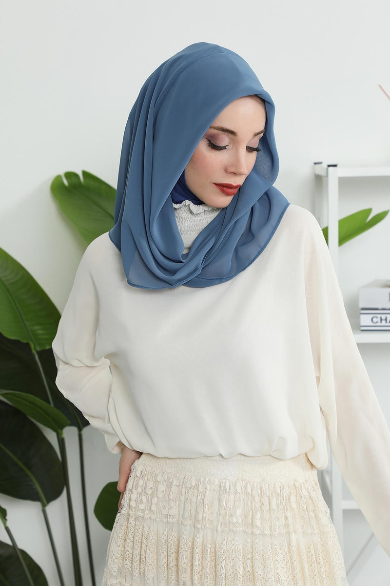 Instant Chiffon Shawl for Women With Cotton Bonnet Chiffon Turban Cap Head Wrap Instant Turban Scarf,PS-45 İndigo