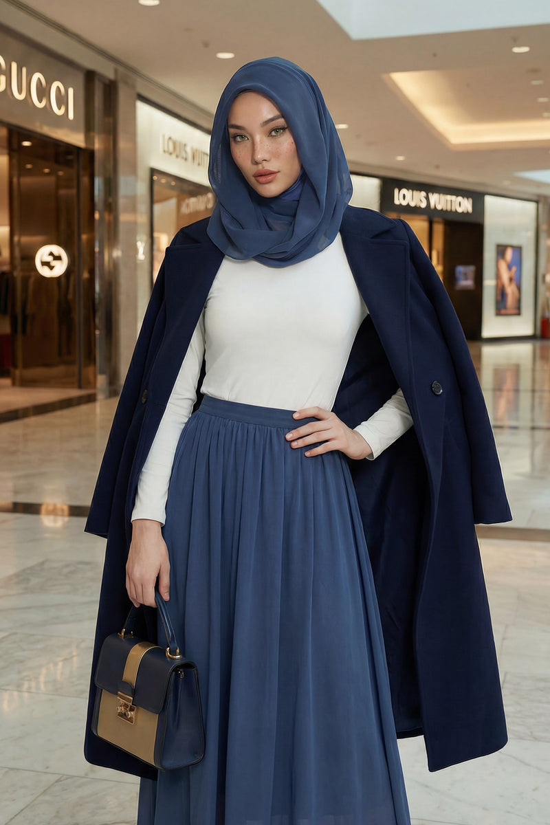 Instant Chiffon Shawl for Women With Cotton Bonnet Chiffon Turban Cap Head Wrap Instant Turban Scarf,PS-45 Dark Blue