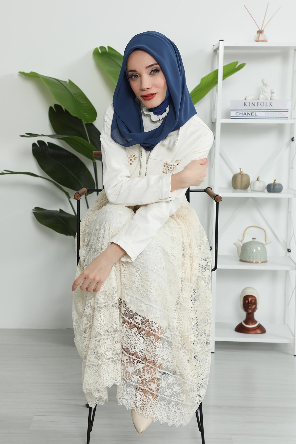 Instant Chiffon Shawl for Women With Cotton Bonnet Chiffon Turban Cap Head Wrap Instant Turban Scarf,PS-45 Dark Blue