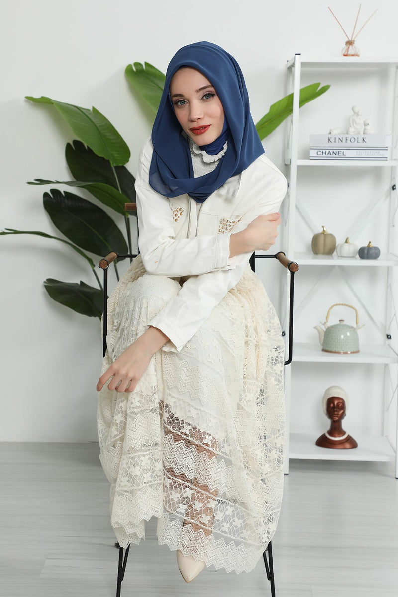 Instant Chiffon Shawl for Women With Cotton Bonnet Chiffon Turban Cap Head Wrap Instant Turban Scarf,PS-45 Dark Blue