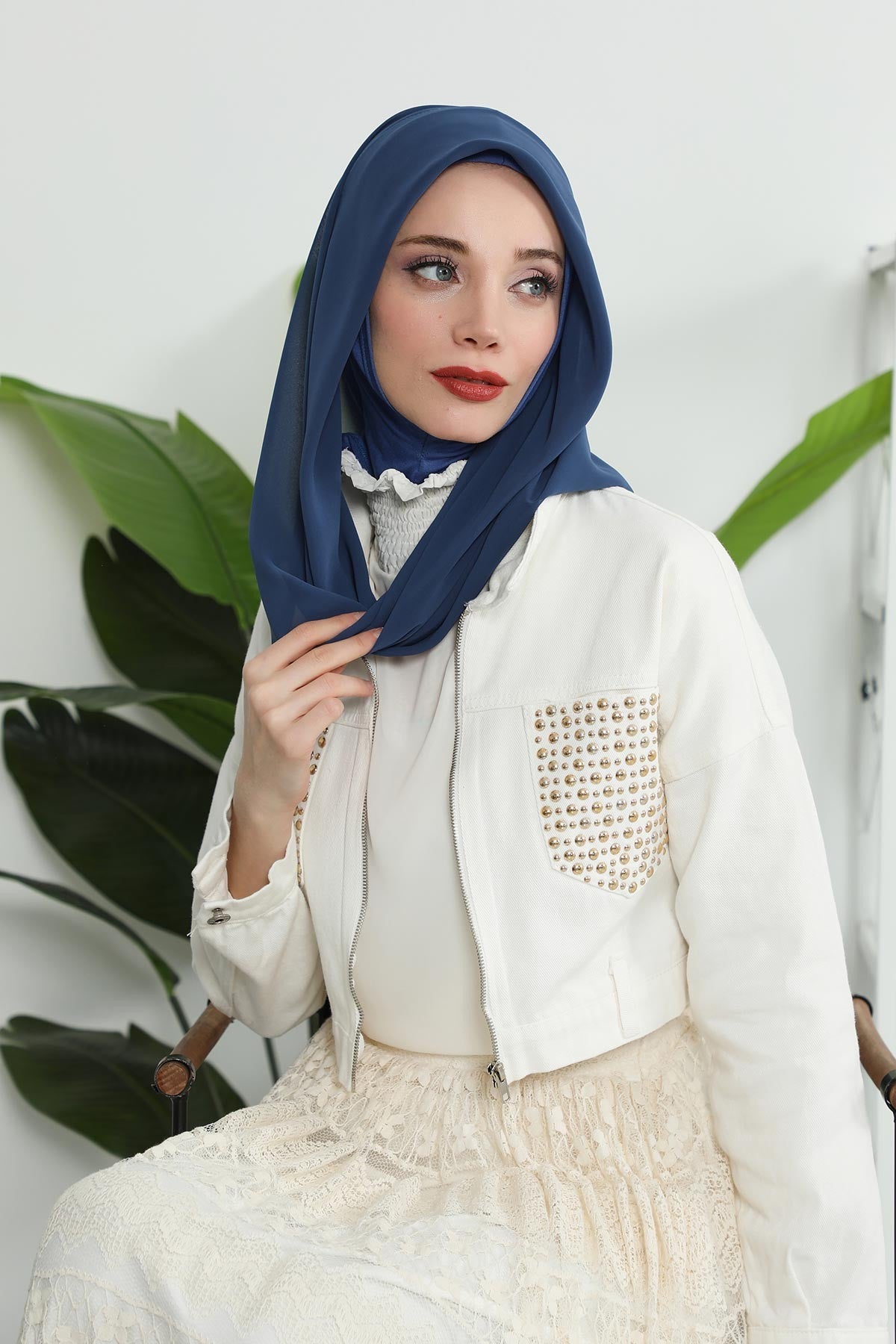 Instant Chiffon Shawl for Women With Cotton Bonnet Chiffon Turban Cap Head Wrap Instant Turban Scarf,PS-45 Dark Blue