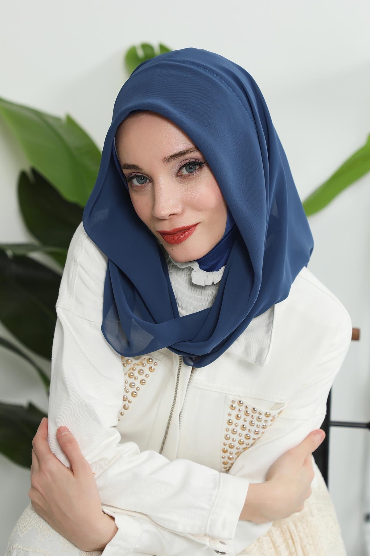 Instant Chiffon Shawl for Women With Cotton Bonnet Chiffon Turban Cap Head Wrap Instant Turban Scarf,PS-45 Dark Blue