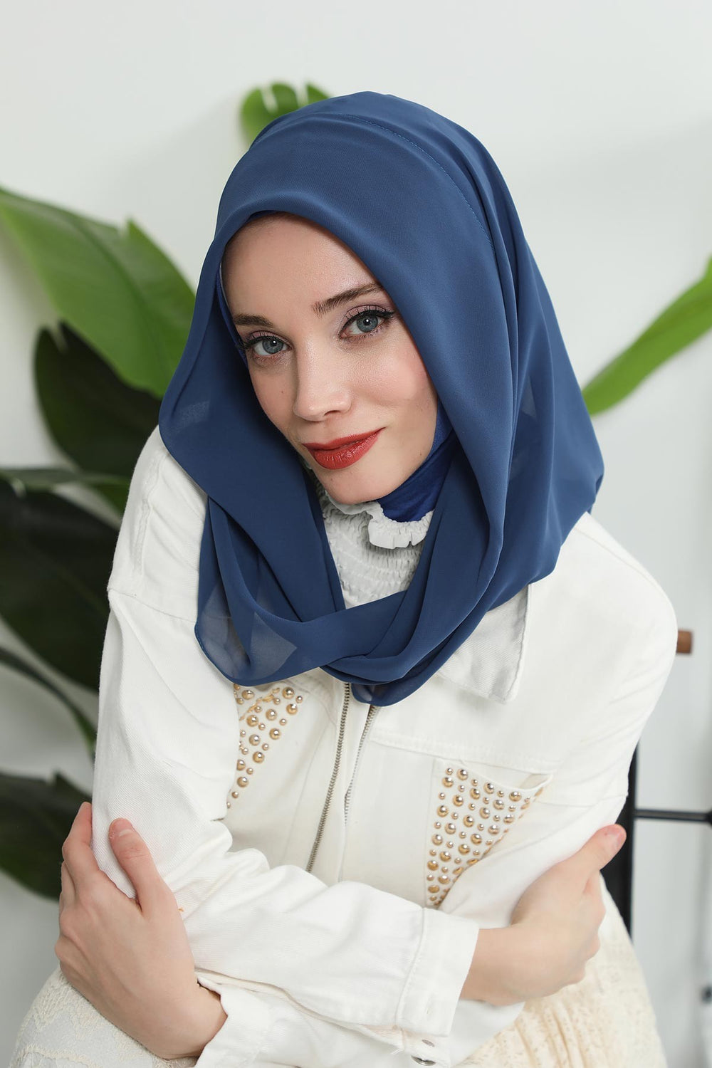 Instant Chiffon Shawl for Women With Cotton Bonnet Chiffon Turban Cap Head Wrap Instant Turban Scarf,PS-45 Dark Blue