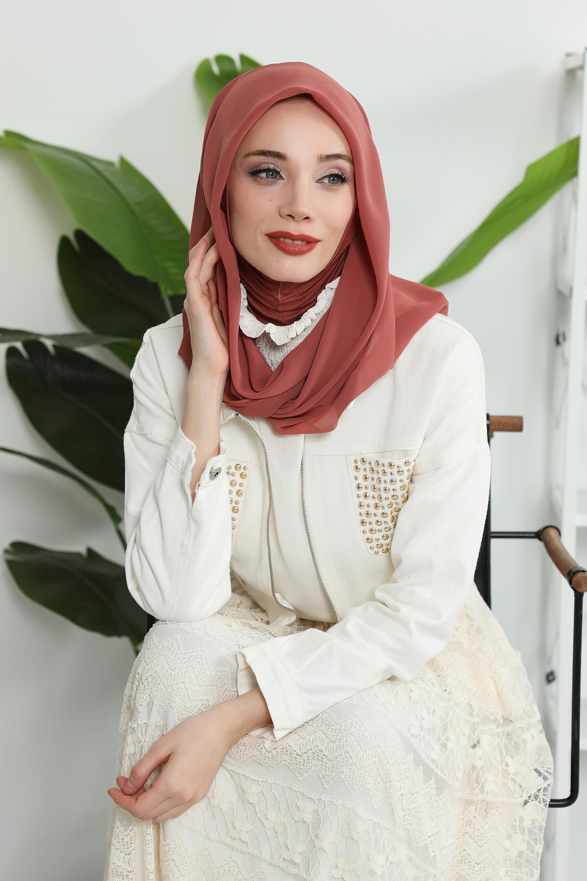 Instant Chiffon Shawl for Women With Cotton Bonnet Chiffon Turban Cap Head Wrap Instant Turban Scarf,PS-45 Cinnamon