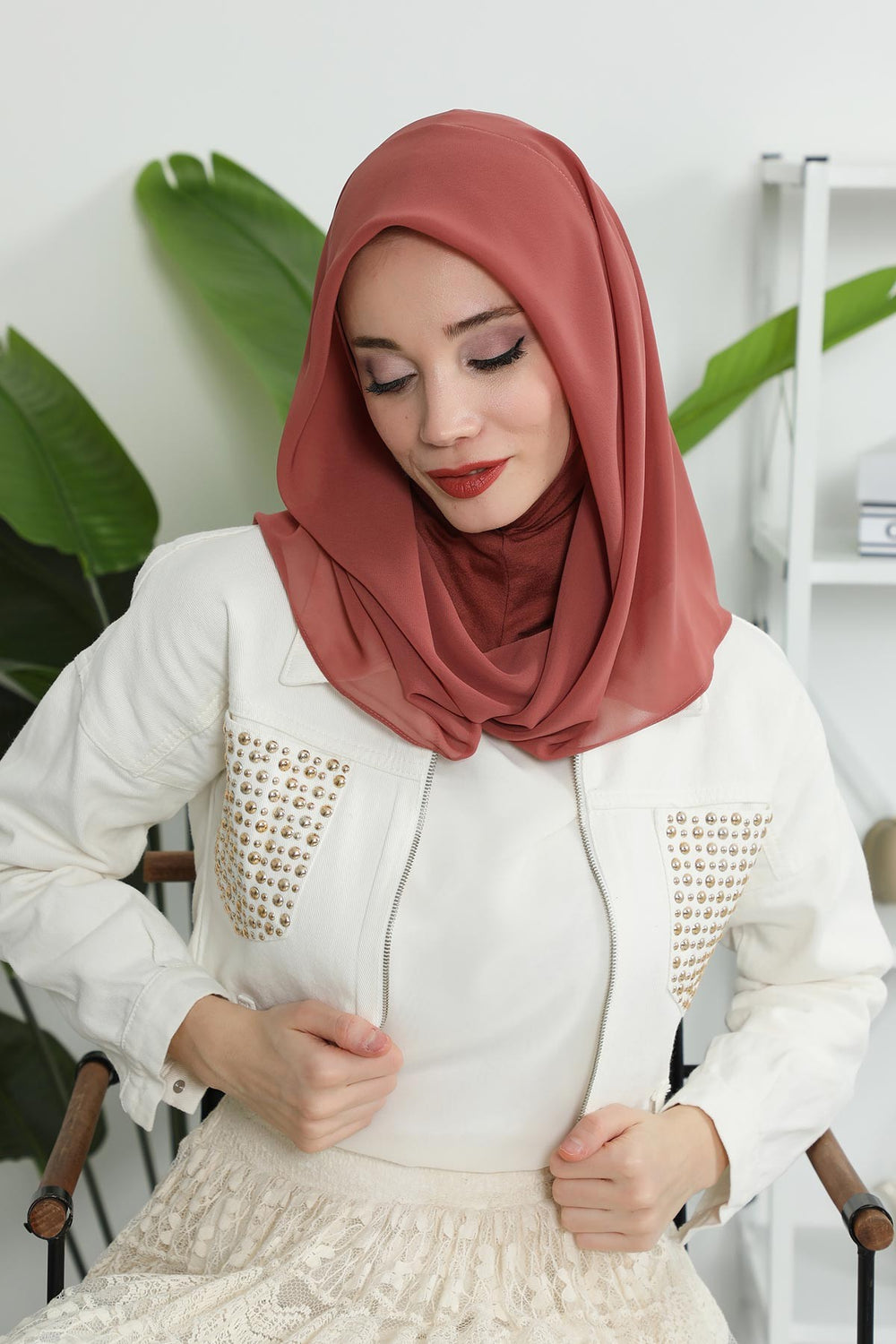 Instant Chiffon Shawl for Women With Cotton Bonnet Chiffon Turban Cap Head Wrap Instant Turban Scarf,PS-45 Cinnamon