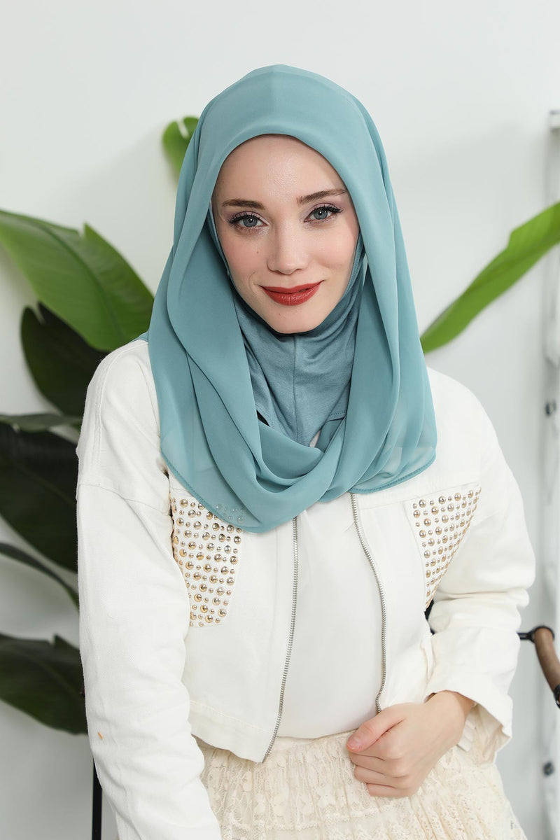 Instant Chiffon Shawl for Women With Cotton Bonnet Chiffon Turban Cap Head Wrap Instant Turban Scarf,PS-45 Almond Green