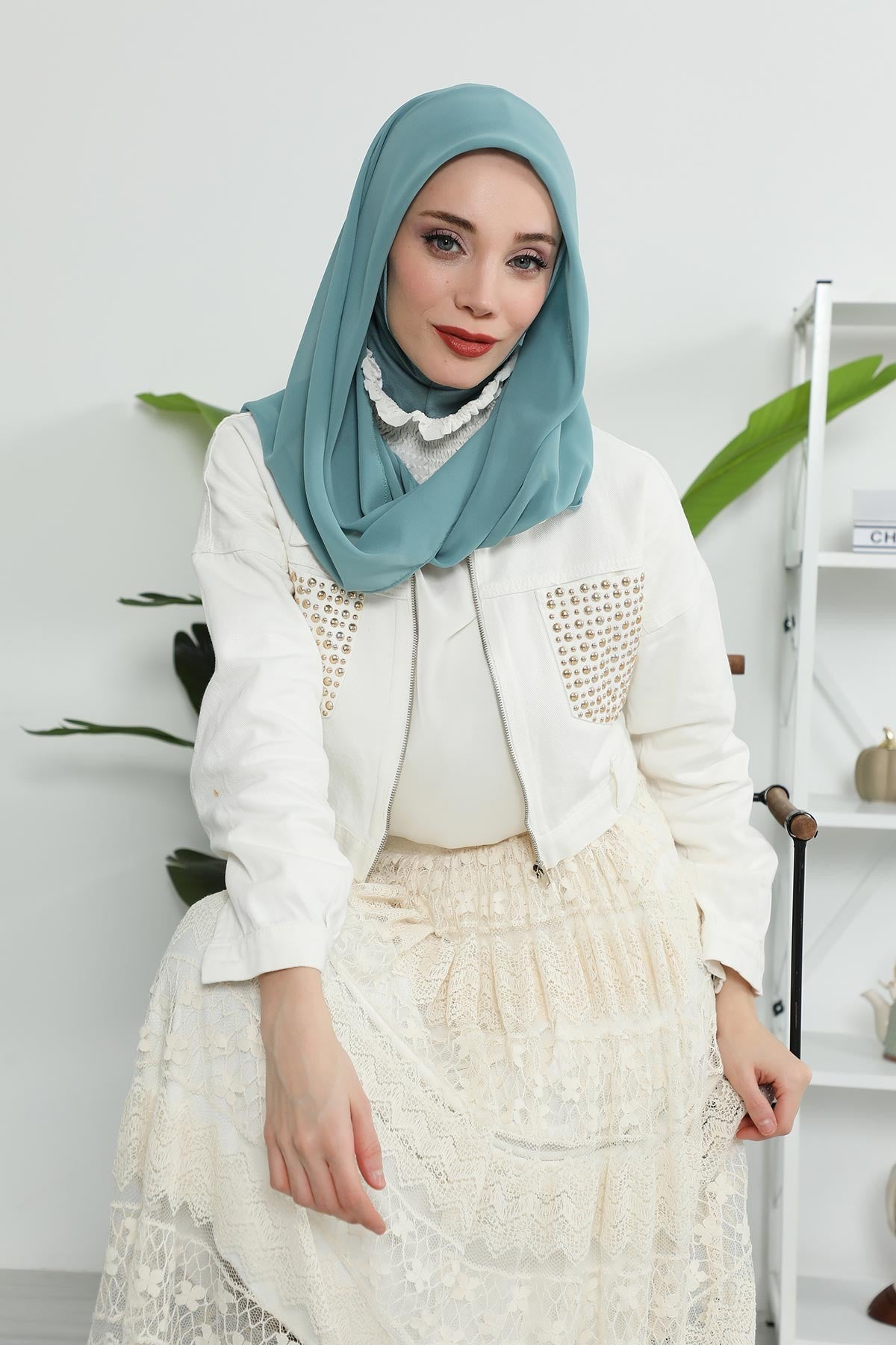 Instant Chiffon Shawl for Women With Cotton Bonnet Chiffon Turban Cap Head Wrap Instant Turban Scarf,PS-45 Almond Green