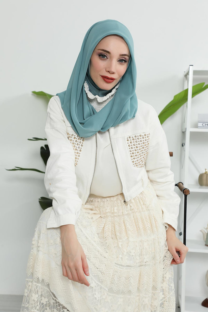 Instant Chiffon Shawl for Women With Cotton Bonnet Chiffon Turban Cap Head Wrap Instant Turban Scarf,PS-45 Almond Green