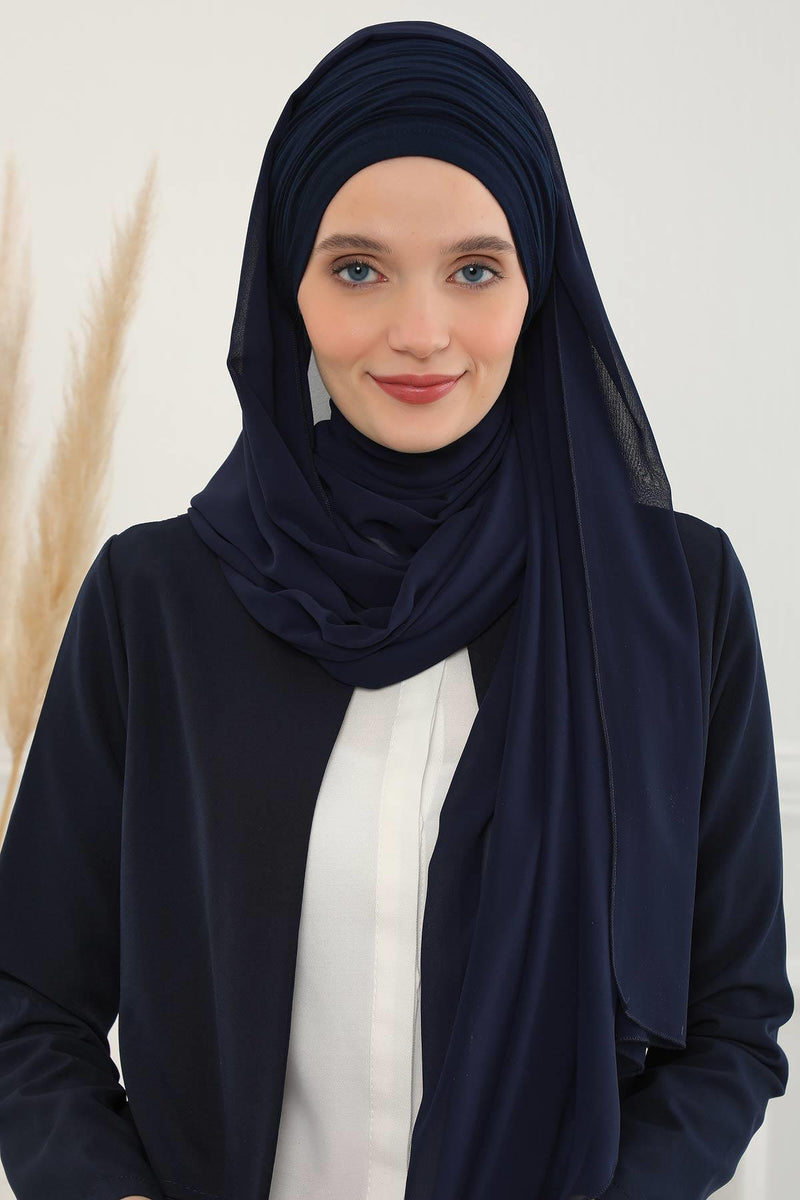 Instant Chiffon Shawl for Women With Cotton Bonnet Chiffon Turban Cap Head Wrap Instant Turban Scarf,BTS-1 Navy Blue