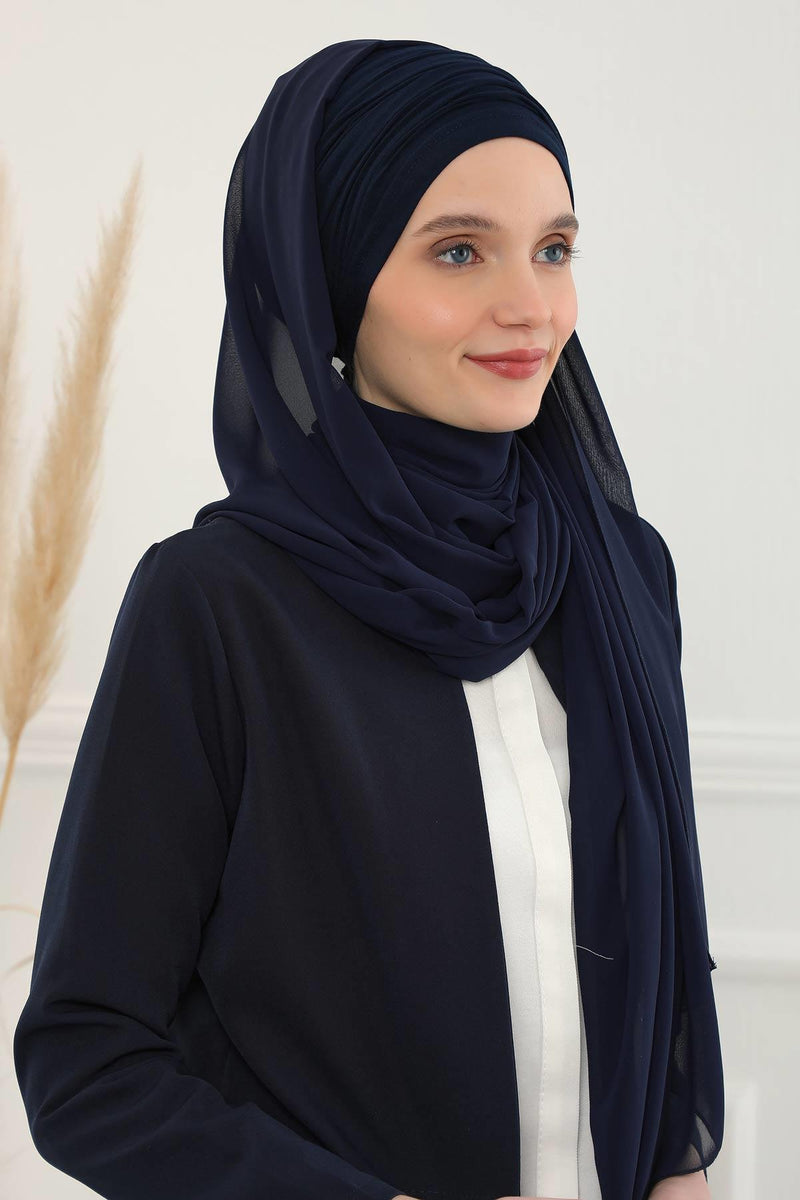 Instant Chiffon Shawl for Women With Cotton Bonnet Chiffon Turban Cap Head Wrap Instant Turban Scarf,BTS-1 Navy Blue