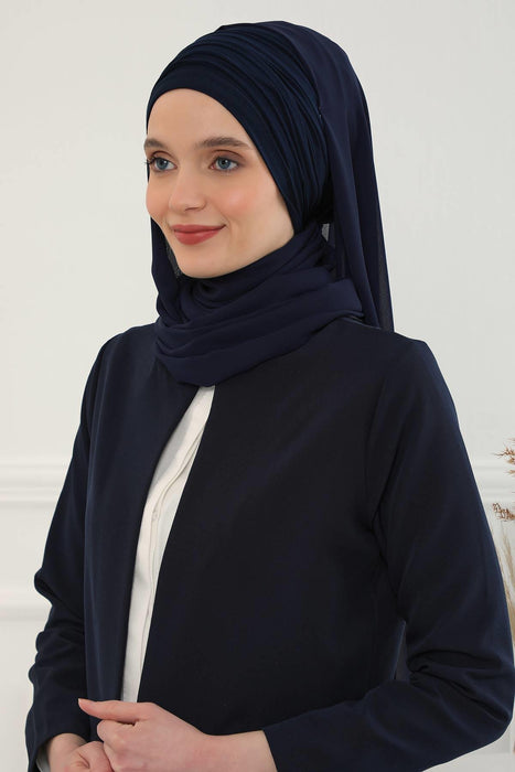 Instant Chiffon Shawl for Women With Cotton Bonnet Chiffon Turban Cap Head Wrap Instant Turban Scarf,BTS-1 Navy Blue