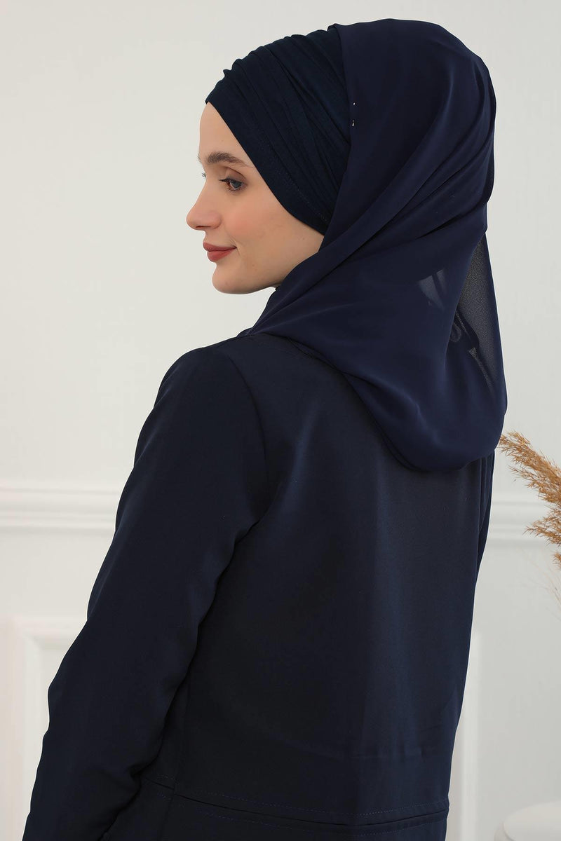 Instant Chiffon Shawl for Women With Cotton Bonnet Chiffon Turban Cap Head Wrap Instant Turban Scarf,BTS-1 Navy Blue