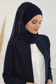 Instant Chiffon Shawl for Women With Cotton Bonnet Chiffon Turban Cap Head Wrap Instant Turban Scarf,BTS-1 Navy Blue