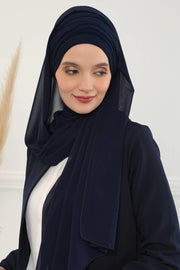 Instant Chiffon Shawl for Women With Cotton Bonnet Chiffon Turban Cap Head Wrap Instant Turban Scarf,BTS-1 Navy Blue