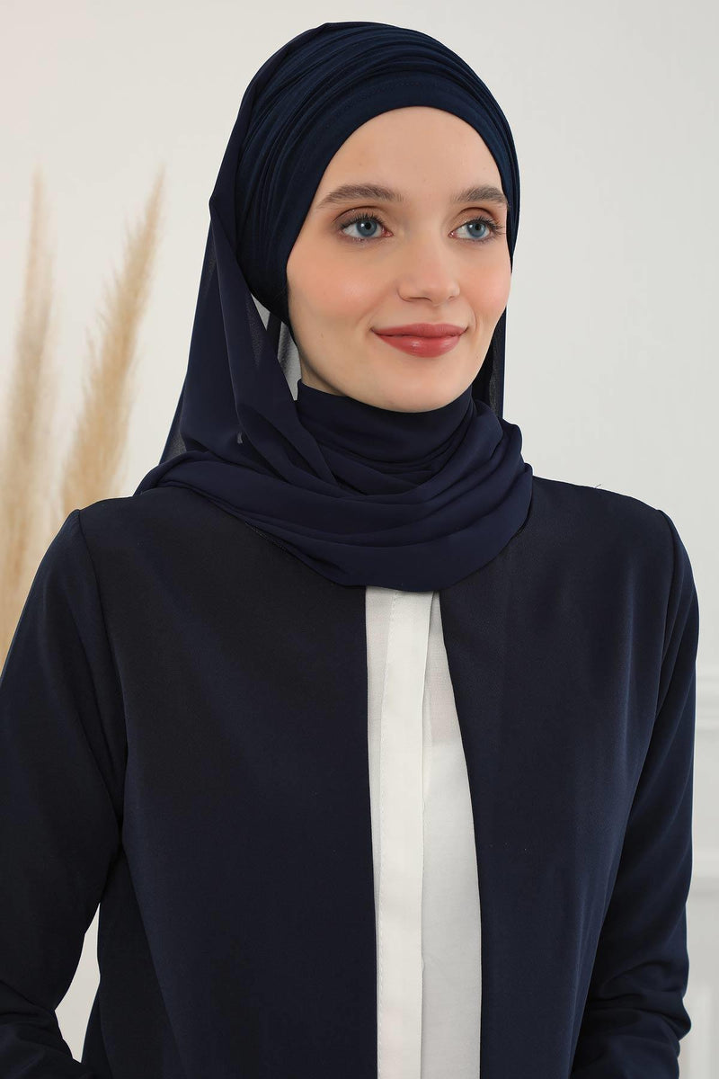 Instant Chiffon Shawl for Women With Cotton Bonnet Chiffon Turban Cap Head Wrap Instant Turban Scarf,BTS-1 Navy Blue