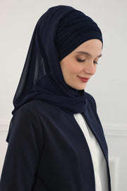 Instant Chiffon Shawl for Women With Cotton Bonnet Chiffon Turban Cap Head Wrap Instant Turban Scarf,BTS-1 Navy Blue