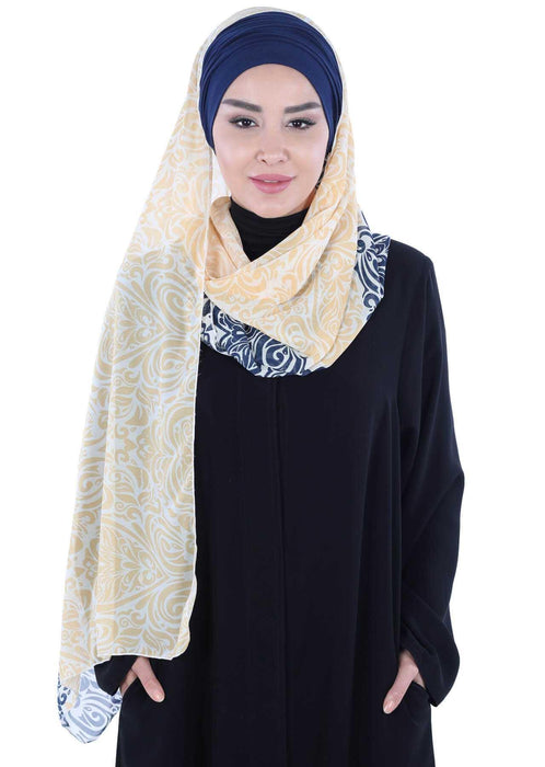 Instant Chiffon Shawl for Women With Cotton Bonnet Chiffon Turban Cap Head Wrap Instant Turban Scarf,BTS-1 Navy Blue