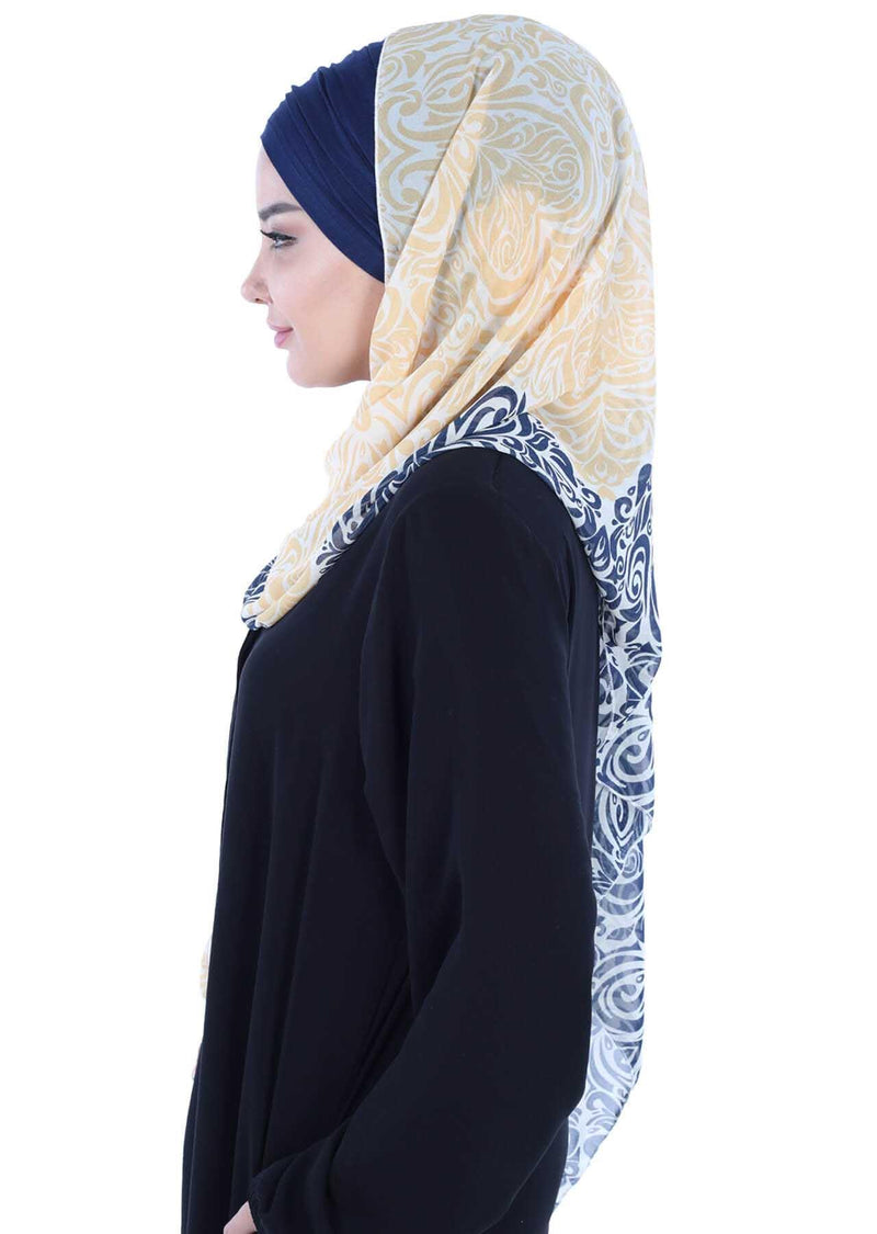 Instant Chiffon Shawl for Women With Cotton Bonnet Chiffon Turban Cap Head Wrap Instant Turban Scarf,BTS-1 Navy Blue