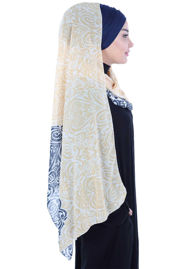 Instant Chiffon Shawl for Women With Cotton Bonnet Chiffon Turban Cap Head Wrap Instant Turban Scarf,BTS-1 Navy Blue