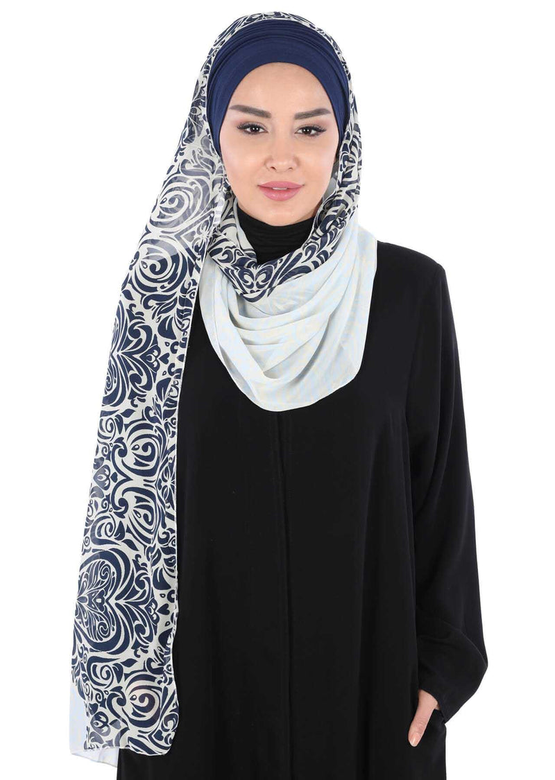 Instant Chiffon Shawl for Women With Cotton Bonnet Chiffon Turban Cap Head Wrap Instant Turban Scarf,BTS-1 Navy Blue