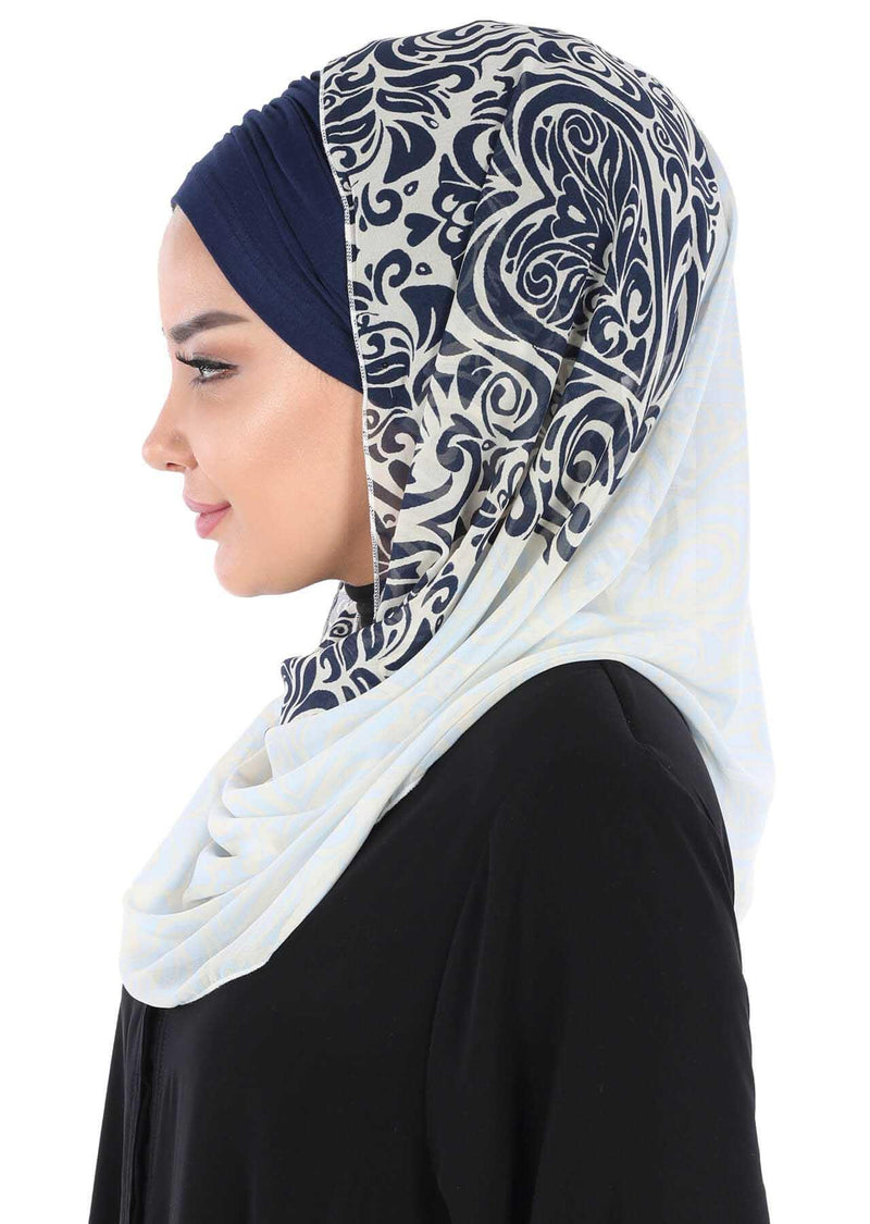 Instant Chiffon Shawl for Women With Cotton Bonnet Chiffon Turban Cap Head Wrap Instant Turban Scarf,BTS-1 Navy Blue