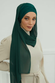 Instant Chiffon Shawl for Women With Cotton Bonnet Chiffon Turban Cap Head Wrap Instant Turban Scarf,BTS-1 Dark Green
