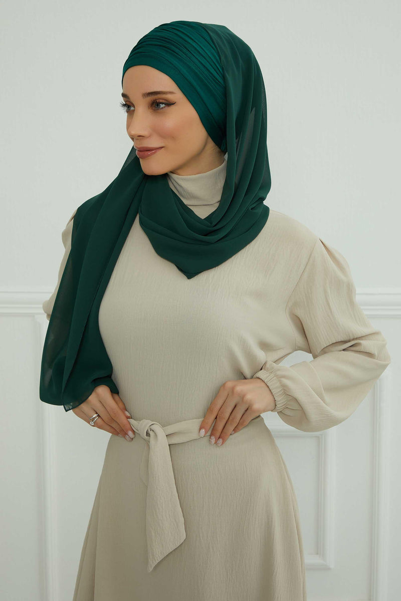 Instant Chiffon Shawl for Women With Cotton Bonnet Chiffon Turban Cap Head Wrap Instant Turban Scarf,BTS-1 Dark Green