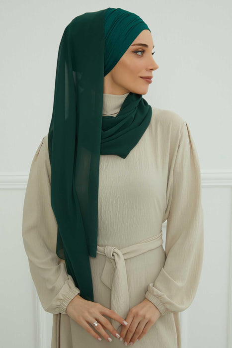 Instant Chiffon Shawl for Women With Cotton Bonnet Chiffon Turban Cap Head Wrap Instant Turban Scarf,BTS-1 Dark Green