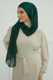 Instant Chiffon Shawl for Women With Cotton Bonnet Chiffon Turban Cap Head Wrap Instant Turban Scarf,BTS-1 Dark Green