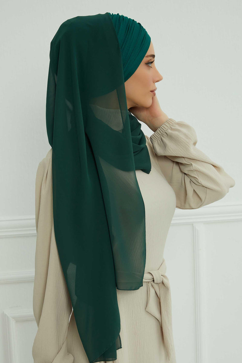 Instant Chiffon Shawl for Women With Cotton Bonnet Chiffon Turban Cap Head Wrap Instant Turban Scarf,BTS-1 Dark Green